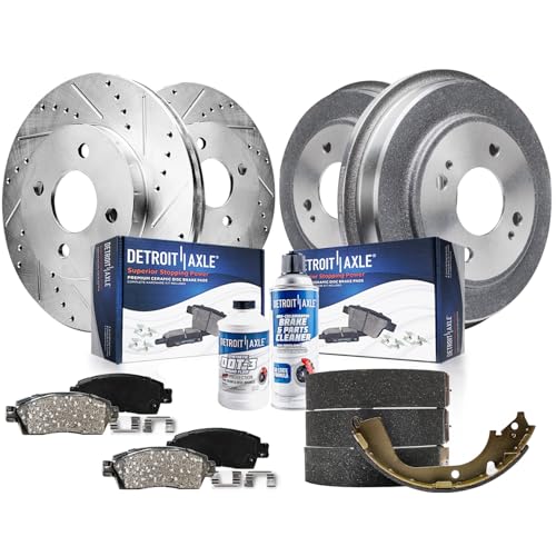 Image of Detroit Axle - 1.7L Brake Kit for 2001-2005 Honda Civic 2002 2003 2004 | Front Drilled and Slotted Brake Rotors Ceramic Brakes Pads Replacement Rear Brake Drums Semi-Metallic Brakes Shoes