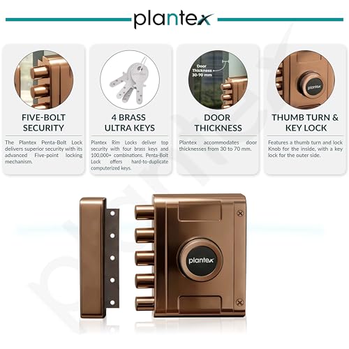 Image of Plantex Stainless Steel Deadbolt Lock /Pentabolt Main Door Lock /5-Point Security Door Lock Set with Anti Theft Mechanism - 5 Years of Warranty (PVD Rose Gold)