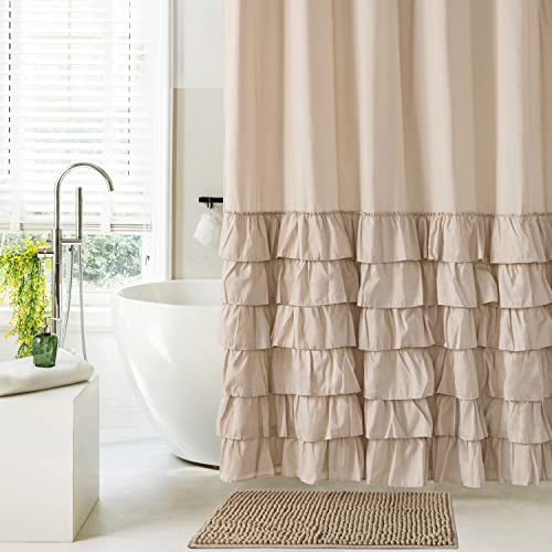 Jslove Pack Of 2 Farmhouse Shower Curtain Beige Ruffle Shower Curtain Set With Rugs Vintage Bathroom Decor Shabby Chic With 12 Hooks 72 X 72 Inches #TOP6