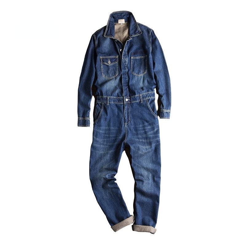 Herren Hip Hop Jeansoverall, Frühling Herbst, Langarm-Polo-Mantel, blaue Jeans, locker sitzende Hosen