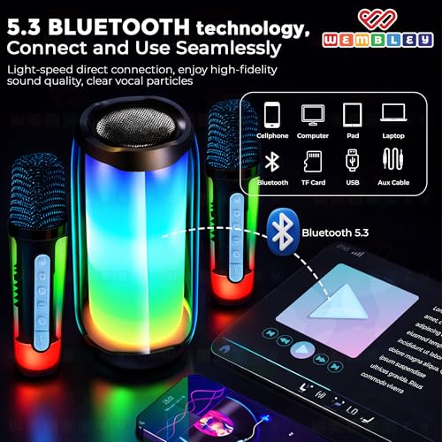 Image of Wembley Stylish Cylindrical Wireless Karaoke Speaker Set | Speaker and 2 Premium Transparent Mics with RGB Lights | Bluetooth 5.3 Connectivity | 5 Fun Voice Modes with 1200mAh Battery (2 Mics)