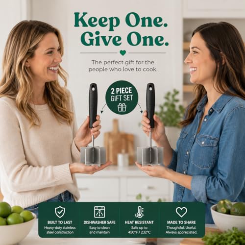 Image of 2pc Large Stainless Steel Meat Chopper, Masher & Cocktail Muddler | Dishwasher Safe | 6-Blade Chopper Tool | Oversized Ergonomic Handle | Heat Resistant Grip | 2 x 10 inch black