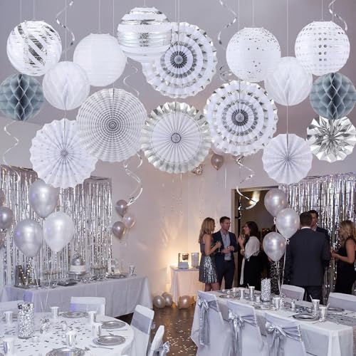 Image of Retisee 18 Pcs Metallic Silver Party Decorations Kit Hanging Metallic Silver Paper Lanterns Paper Fans Honeycomb Balls for Birthday Anniversary Celebration Wedding Graduation Decoration Supplies