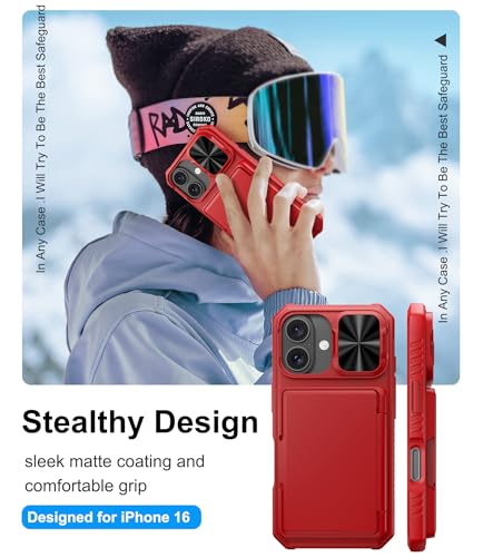BXYJY for iPhone 16 Phone Case Wallet, Built-in Card Holder (4-5 Cards), Slide Camera Cover, RFID Block, Military Grade Drop Protection, Heavy Duty Women Girly Men Wallet Case for iPhone 16, Red