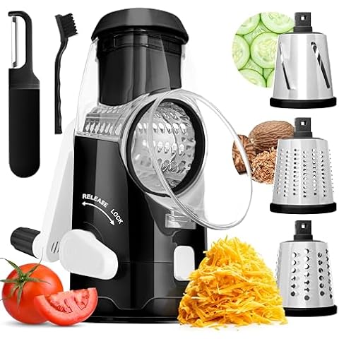 BASSWOOD Rotary Cheese Grater with Handle - Mandoline Slicer with 3 Stainless Steel Drum Blades-Vegetable Slicer Walnuts Grinder Cheese Shredder Round Mandoline with Peeler (Black) Cover