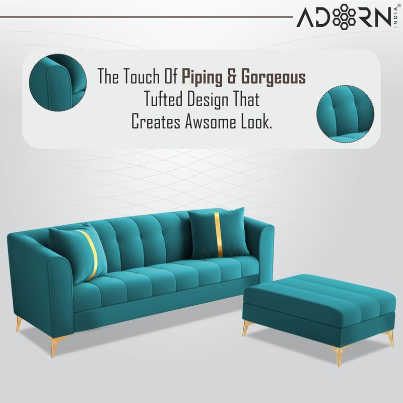 Image of Adorn India Premium Mystic - 3 Years Warranty - L Shape 4 Seater Sofa Set Velvet Suede Fabric - Aqua Blue