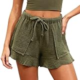 Amazhiyu Women's Cotton Gauze Summer Flowy High Waist Drawstring Lounge Shorts Amy Green, Small