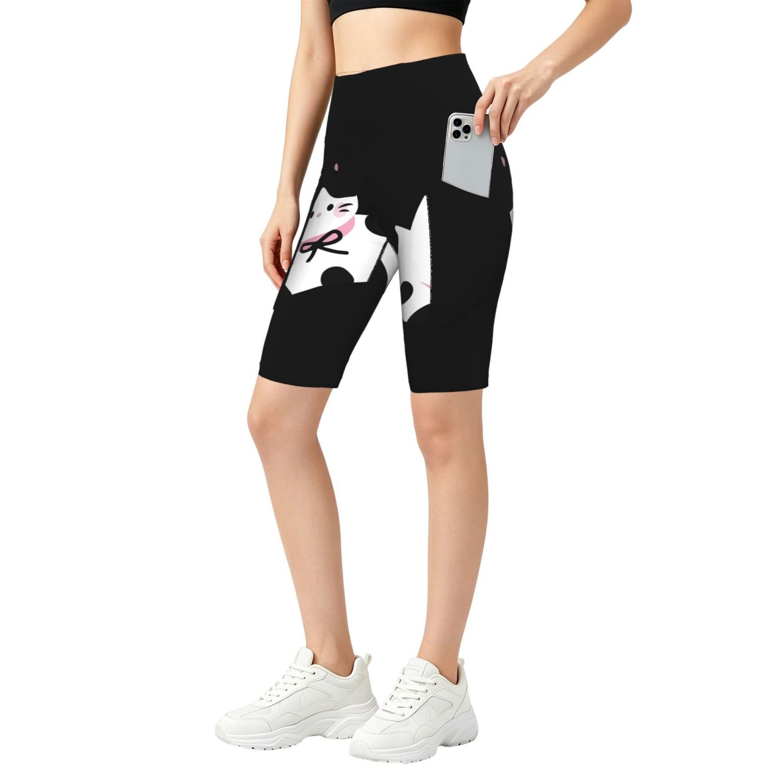 Cow Kitty Tummy Control rozciągliwe legginsy z kieszeniami, Czarny, M