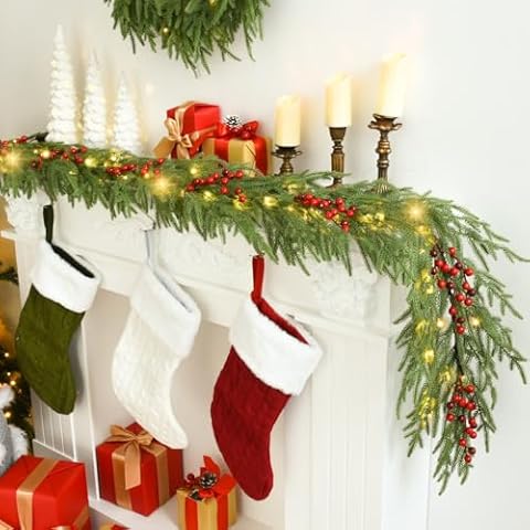 YoleShy 6FT Real Touch Norfolk Pine Garland Christmas Garland with Red Berry Battery Operated Prelit Garland Christmas Decorations for Mantle Fireplace Xmas Garland Home Decor Cover