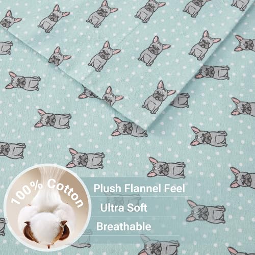 True North by Sleep Philosophy Cozy Flannel Warm 100% Cotton Sheet - Novelty Print Animals Stars Cute Ultra Soft Cold Weather Bedding Set, Full, Aqua French Bulldog 4 Piece