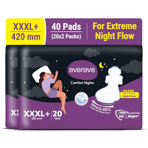 Evereve Comfort Nights Sanitary Pads XXXL+ 420mm, 80% Longer with Wider back For All Night Care, Very Heavy Night Flow Absorption, Up to 100% Leak Protection, Rash-Free Breathable Comfort, Pack of 20x2