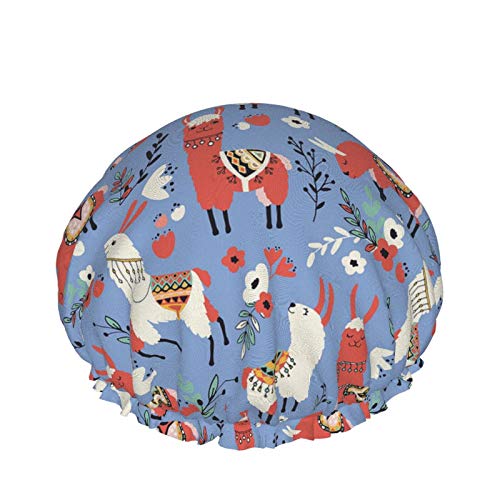 Llama Flower Shower Cap Women Double Layer Waterproof Bath Cap Eva Lining Design For All Hair Lengths