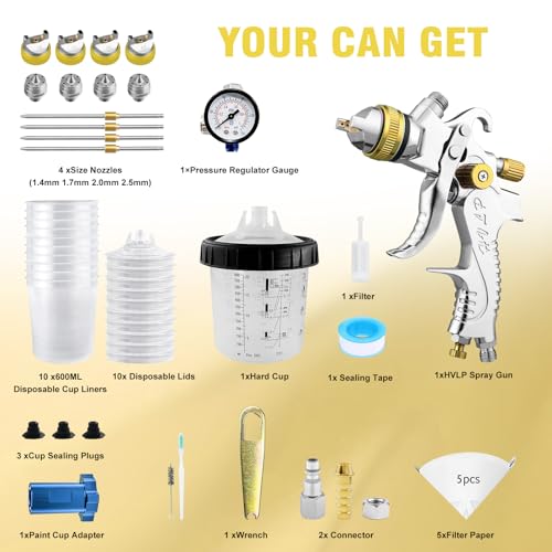Image of HVLP Spray Gun Kits, 1.4 /1.7 /2.0 /2.5mm Nozzles with 650ml Mixing Cup & 10x Disposable Cups, Air Regulator, Paint Gun Automotive Gravity Feed Kit Cars Paint Gun, Furniture, Fence, DIY (Gold)