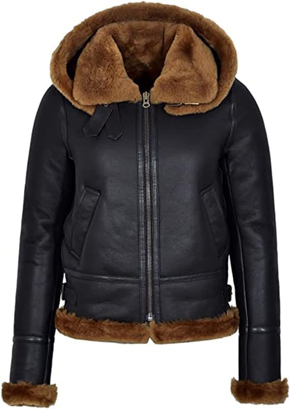 Womens B3 Bomber Hooded Classic Shearling Pilot Flying Aviator Genuine Sheepskin Real Leather Jacket