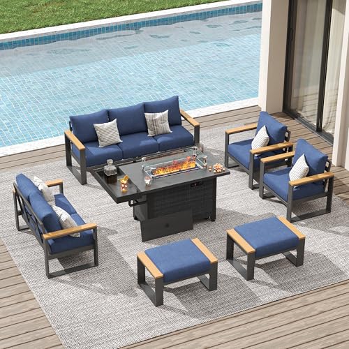 Image of Sundale Outdoor Aluminum Patio Furniture Set, 7 Piece Outdoor Conversation Sets with Fire Pit, Ottoman and Washable Thick Cushions, All Weather Outdoor Sectional Set for Deck, Lawn (Navy Blue)