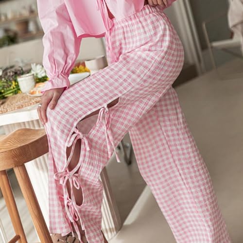 Image of Y2K Gingham Pants for Women Bow Tie Side Slit Wide Leg Lounge Bottom Plaid Checkered Loose Fit Going Out Pants