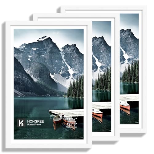 Hongkee 12x18 Frame Set of 3 - Display 11x17 Photo with Mat or 12 x 18 Poster without Mat Wall Mounting Horizontal and Vertical White