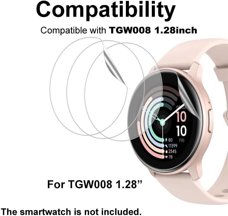 Compatibility graphic showing the screen protector on a TGW008 1.28-inch smartwatch