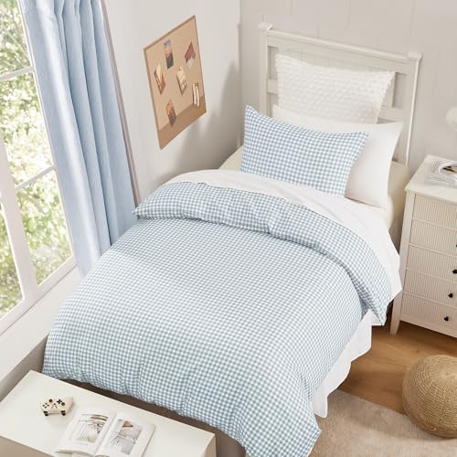 Image of Andency Gingham Duvet Cover Twin Size, Blue Checkered Plaid Bedding Set with Zipper Closure & Corner Ties, 2 Pieces Soft Prewashed Polyester Comforter Cover for Dorm Kids