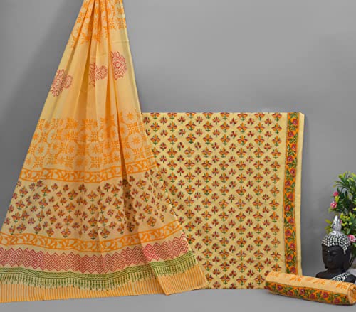 Image of NISHIRE Women's Cotton Jaipuri Hand Block Print Unstitched Suit Material with Cotton Mulmul Dupatta