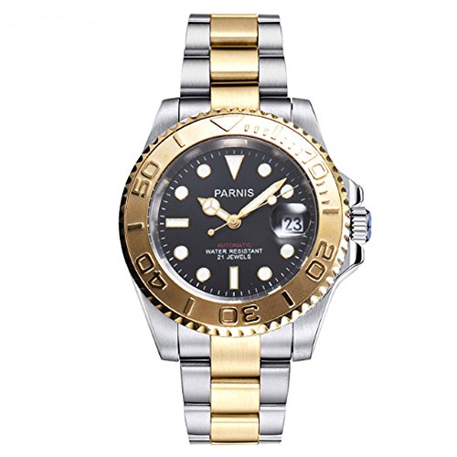 Parnis 41 mm�T�t�@�C�A�N���X�^��21 Jewels Miyota Automatic Movement�����Y�r���v�Z���~�b�N�x�[��50 M�h�� �u���b�N�S�[���h
