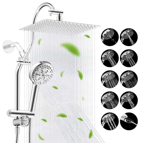 Image of Hibbent High Pressue All Metal 12 inch Rainfall Shower Head, Handheld 10-Spray | cUPC Certified Chrome Dual Showerhead Combo, 4-way Diverter with Pause Mode, Brass Extension Arm, 71'' Shower Hose & Holder