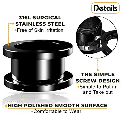 Pair of 316L Surgical Steel Black Anodized Screw-fit Piercing Jewelry Ear Stretching Lobe Plugs flesh Tunnel Earring3