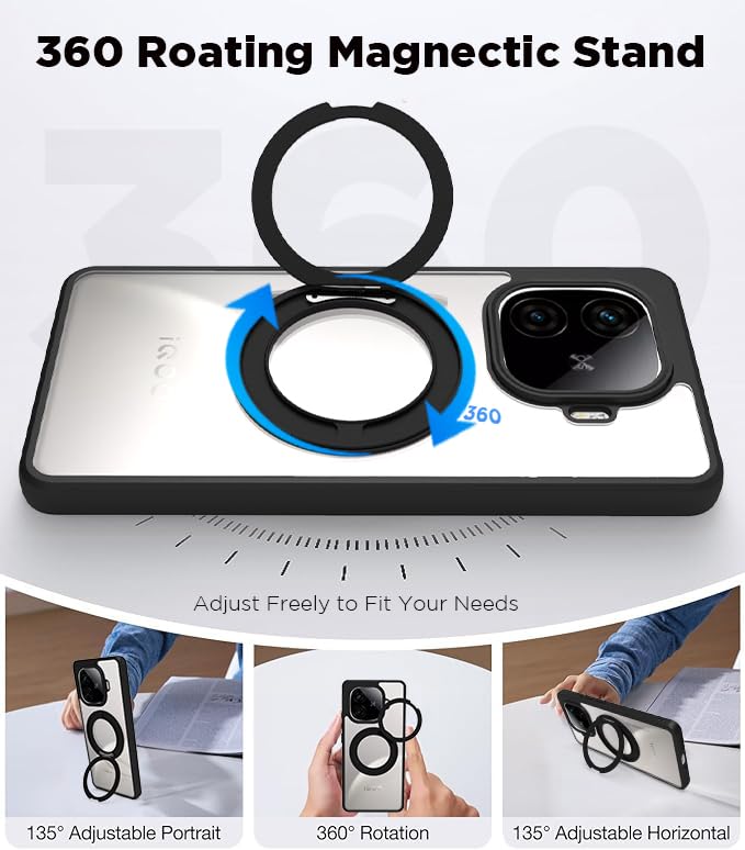 Image of RIGGEAR Shockproof Sleek Hybrid Armor 360 Rotating Magnetic Ring Stand Back Cover Case Compatible with MagSafe Accessories for iQOO Neo 10r 5G (Clear PC + Black TPU Bumper)