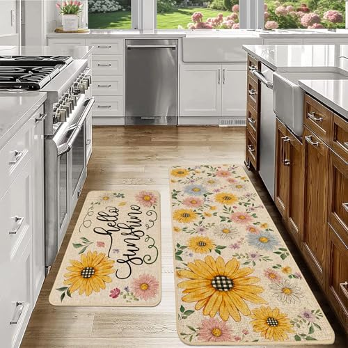 Baccessor Spring Kitchen Rugs Set of 2, Daisy Butterfly Floral Kitchen Mats for Floor Hallway Laundry Sink Low-Profile Spring Holiday Home Decor 17x29 and 17x47 Inch