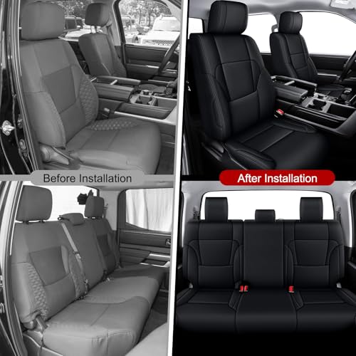 Image of AOMSAZTO Custom Seat Covers for Toyota Tundra 2022 2023 2024 2025 2026 CrewMax SR SR5 Limited Platinum FFV TRD Pro Leather Car Seat Covers Full Set Black, Custom Fit Full Set Faux Leather Black