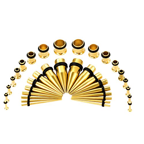 CABBE KALLO 36pcs Ear Stretching Kit Tapers Stainless Steel 14G-00G Plugs and Tunnels Gauges Set Expanders for Women Men Body Piercing Jewelry (Goldtone)