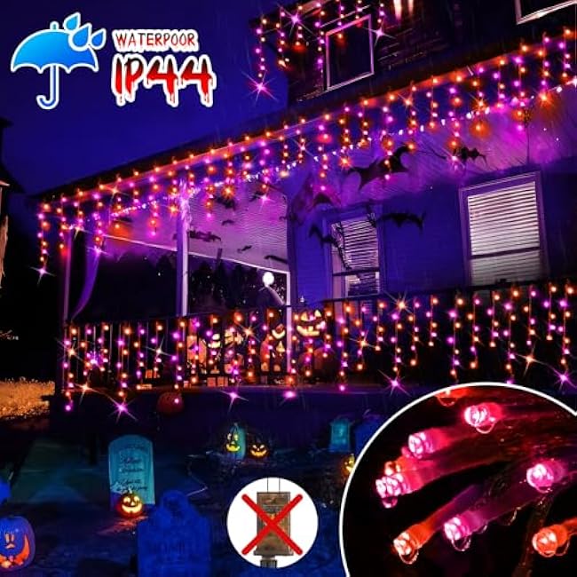 Hezbjiti 400LED Icicle Lights - 32.8FT Purple & Orange Fairy Lights for Eaves, Party, Yard & Garden - 8 Modes, 75 Drops, Outdoor Halloween Decor