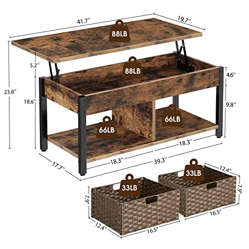 Rolanstar Coffee Table Lift Top, Coffee Table With Hidden Storage Compartment And 2 Rattan Baskets, 41.7" Retro Central Table With Wooden Lift Tabletop And Metal Frame For Living Room, Rustic Brown #TOP2