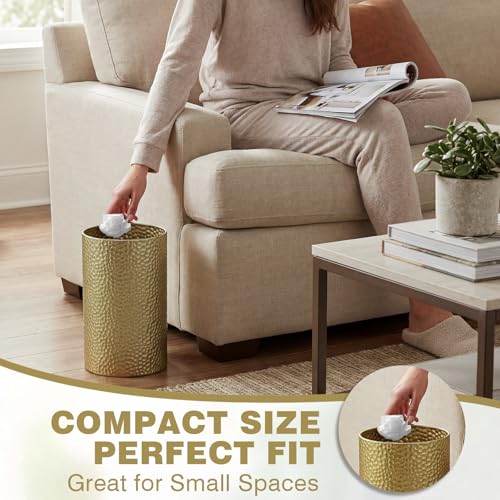 Image of Maxdot 12.01 x 6.89 Inches Gold Trash Can for Bathroom Small Metal Waste Basket, Hammered Garbage Can with Brass Finish, Decorative for Bedroom, Office, Kitchen(Cylinder)