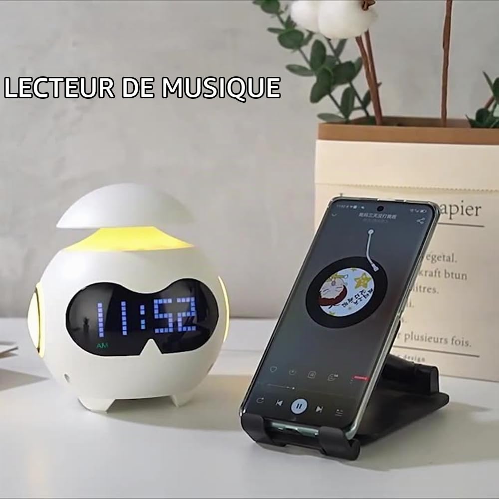 Fantasee Réveil Enfants, réveil USB avec Emoji, Double Alarme, avec veilleuse réglable et Mini Haut-Parleur Bluetooth pour Enfants Adultes Amis Cadeau d'anniversaire (USB Powered, Blanc)