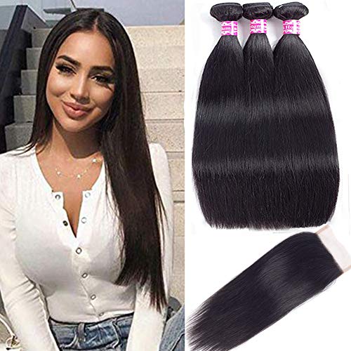 Straight Human Hair Bundles with Closure (14 16 18+14free part) 100% Virgin Human Hair Bundles with Closure Unprocessed Brazilian 100% Human Hair Extensions with Free Part Lace Closure Natural Color