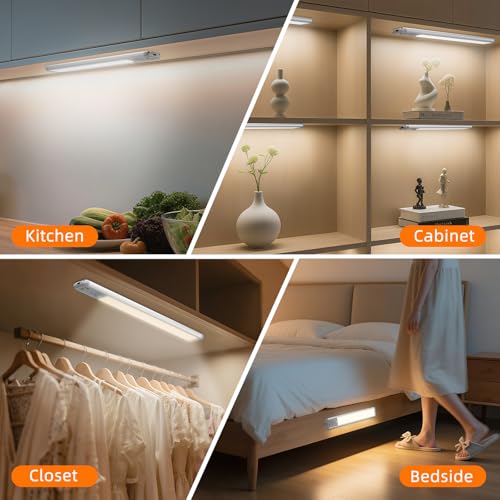Image of Under Cabinet Lighting Wireless, 15inch Rechargeable Motion Sensor Light Indoor, 3 Color Closet Light Battery Operated with LED Power Display, Magnetic Under Counter Lights for Kitchen, Home (3Pack)