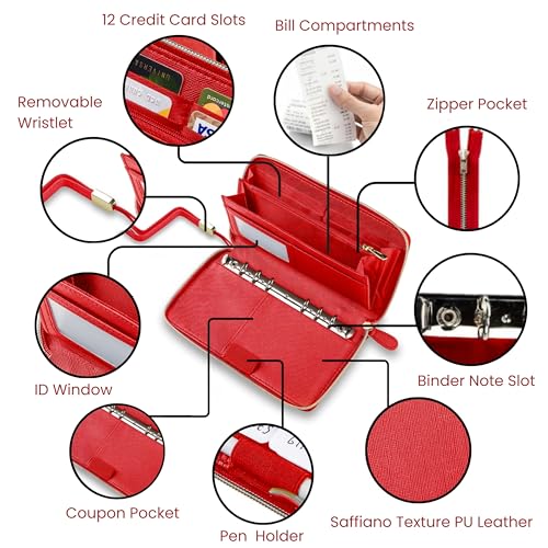 Image of Three Way Cut Cash Envelope Wallet Red All in One Budget System RFID Blocking with 12x Tabbed Envelopes 12x Monthly Budget Cards 1x Yearly Budget Planner Sheet Complete Money Organizer Set