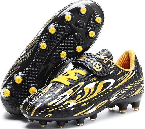 Tooperze Football Shoes Children's Boys Girls Sporty Football Boots Indoor Outdoor Athletics Soccer Cleats Kids Spikes Professional Training Football Shoes, black gold, 10.5 UK Child