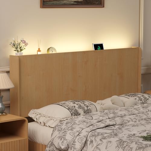 KOZIDO Queen Size Headboard Only, Boho Wood Head Board with Charging Station & LED Lights, Modern Fluted Wall-Mounted Bed Headboards for Bedroom, Height Adjustable, Natural