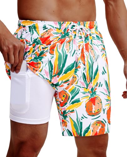 Image of Gleeease 7inch Mens Swim Trunks 2 in 1 with Compression Liner Pockets Drawstring Quick Dry Stretch Lined Funny Beach Pool
