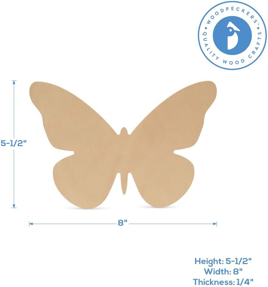 Butterfly Wood Cutouts, 8-inch x 5-1/2-inch Unfinished Wood Cutout for Painting and Spring Craft, Pack of 3 Spring Decorations for Home and Classroom, by Woodpeckers