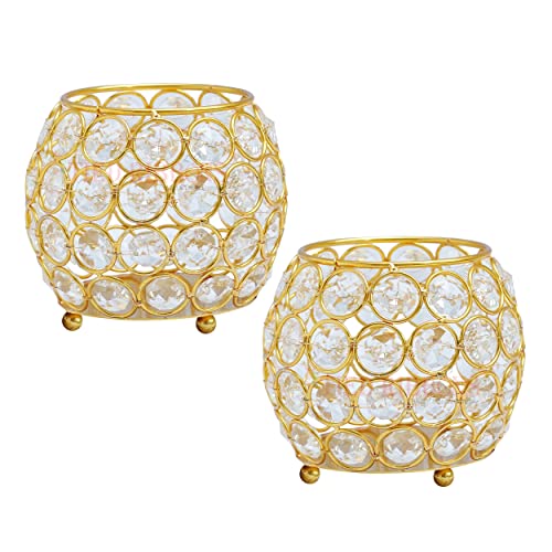 Tied Ribbons Crystal Votive Candle Holders, Large | Gold, Metal Rim | Set Of 2 | 2.7 X 3 Inch | Tealight Holders For Wedding Decor, Table Centerpieces - Tealight Holder Decorations For Dining Room #TOP12