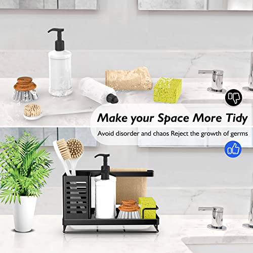 Sink Caddy, Kitchen Sink Organizer, Sponge Holder Stainless Steel Kitchen Caddy For Kitchen Sink With Removable Drain Pan Storage For Soap, Sponge, Scrubber Brush, Bottles, Dishcloth-Black #TOP6