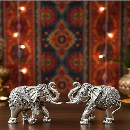 Image of Dev Aastha 999 Pure Silver Plated Elephant Idol Pack of 2 | 7 Inch Vastu & Good Luck Statues for Home Decor, Puja Room & Temple | Divine Altar Showpiece & Auspicious Gift of Blessings.
