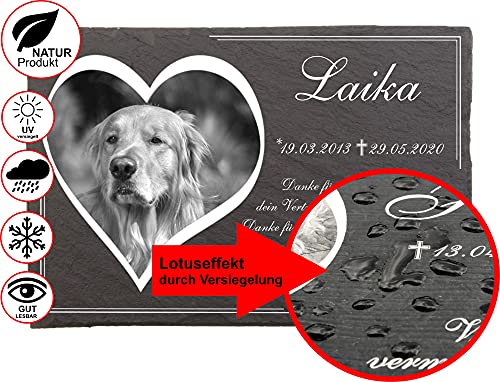 Tiergrabstein Hunde mit eigenem Bild in Herzform und Text, Grabsteine für Hunde mit personalisierter Gravur Hunde, Katzen, Kaninchen, Haustiere Gedenksteine aus Naturschiefer 30x20 cm