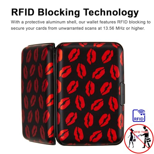 Image of Credit Card Holder, Metal Card Wallet RFID Blocking Mini Slim Aluminum Business Hard Card Case for Women Men (Red Lips)