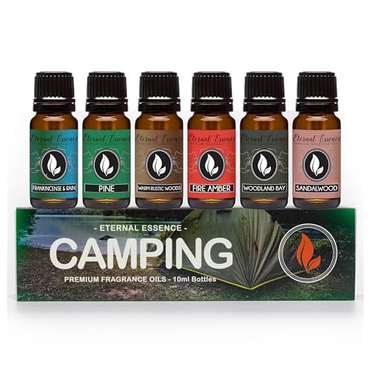Camping - Gift Set of 6 Premium Fragrance Oils - Warm Rustic Woods, Fire Amber, Pine, Sandalowood, Frankincense & Rain and Woodland Bay - 10ML