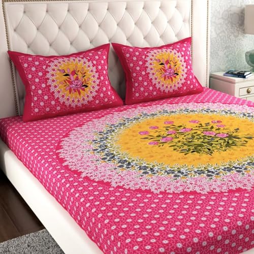 Image of JAIPUR PRINTS 100% Cotton Rajasthani Jaipuri Traditional Floral King Size Double Bedsheet with 2 Pillow Covers - Multicolor, 180-200 tc, Pink
