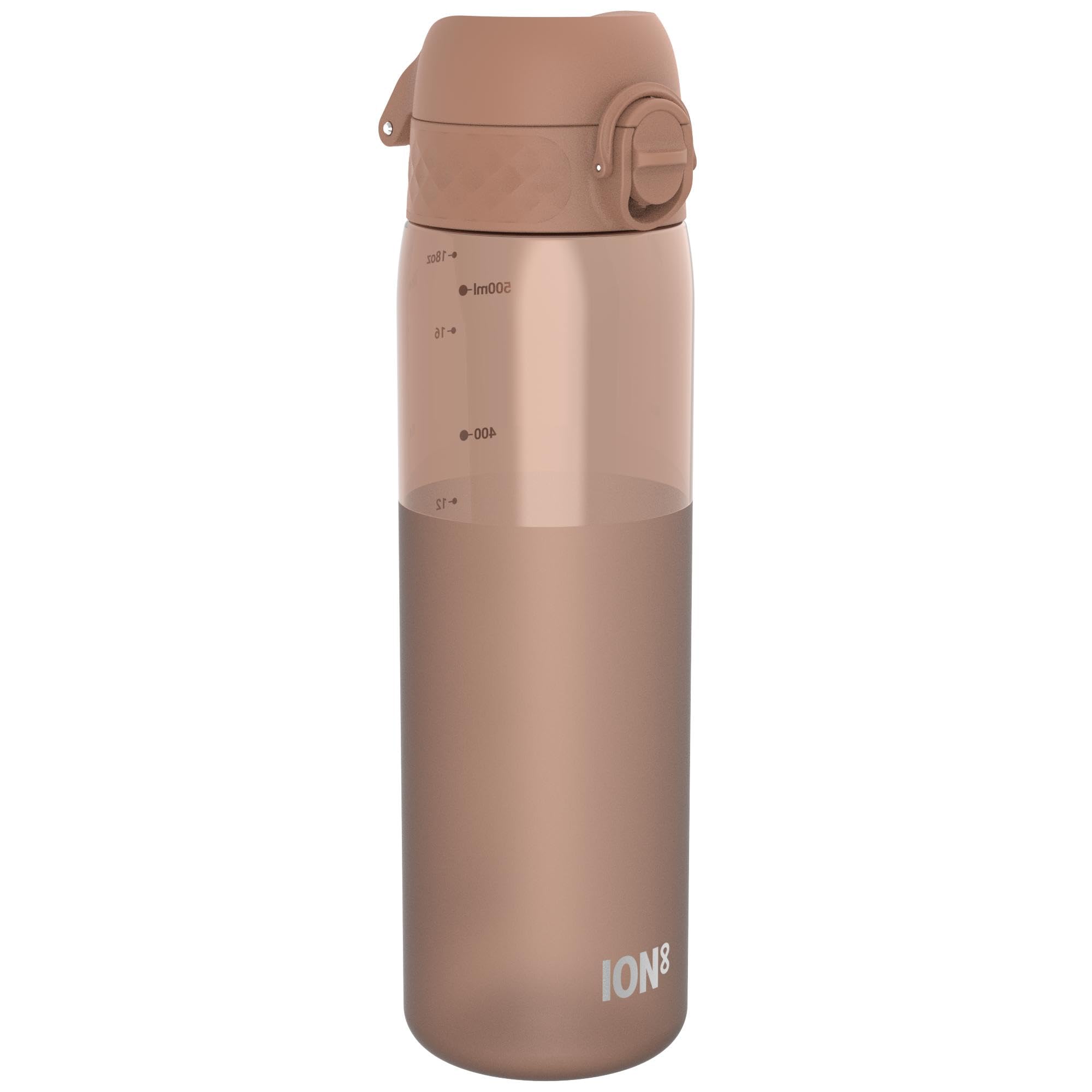 ION8 Water Bottle, 500 ml/18 oz, Leak Proof, Easy to Open, Secure Lock, Dishwasher Safe, BPA Free, Hygienic Flip Cover, Carry Handle, Fits Cup Holders, Easy Clean,Carbon Neutral, Half Cut Mocha Mousse